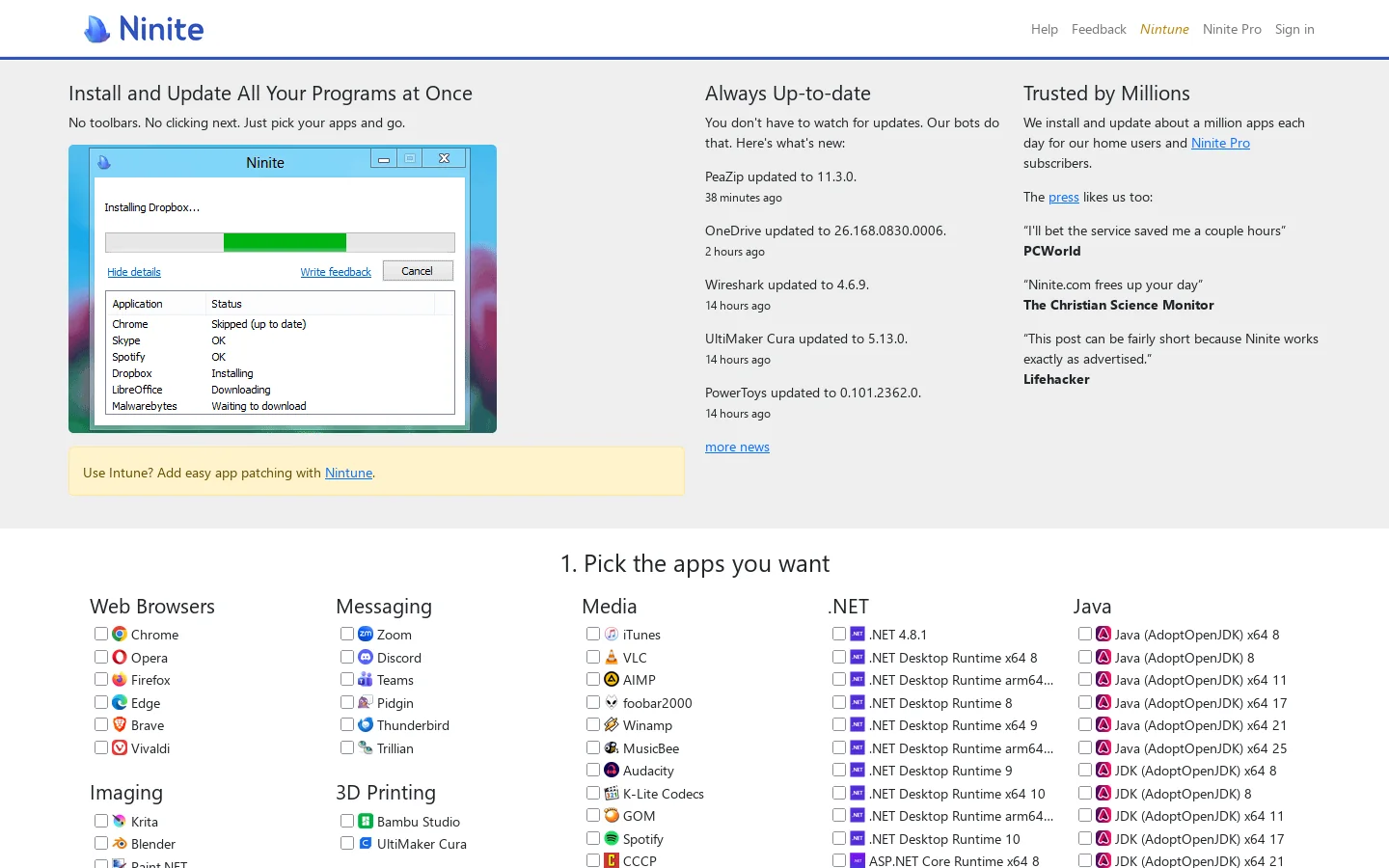 Ninite Homepage screenshot