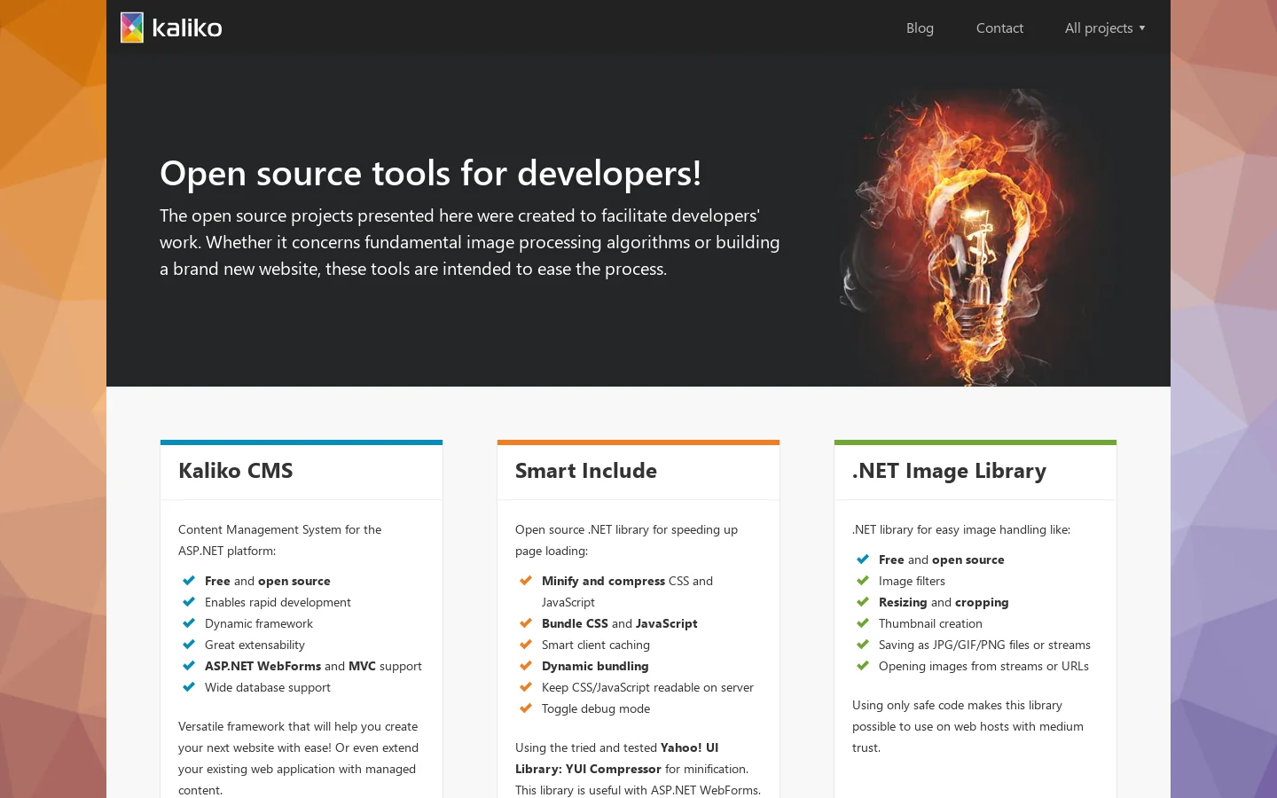 Home of Kaliko CMS and .NET Image Library open source projects Homepage screenshot