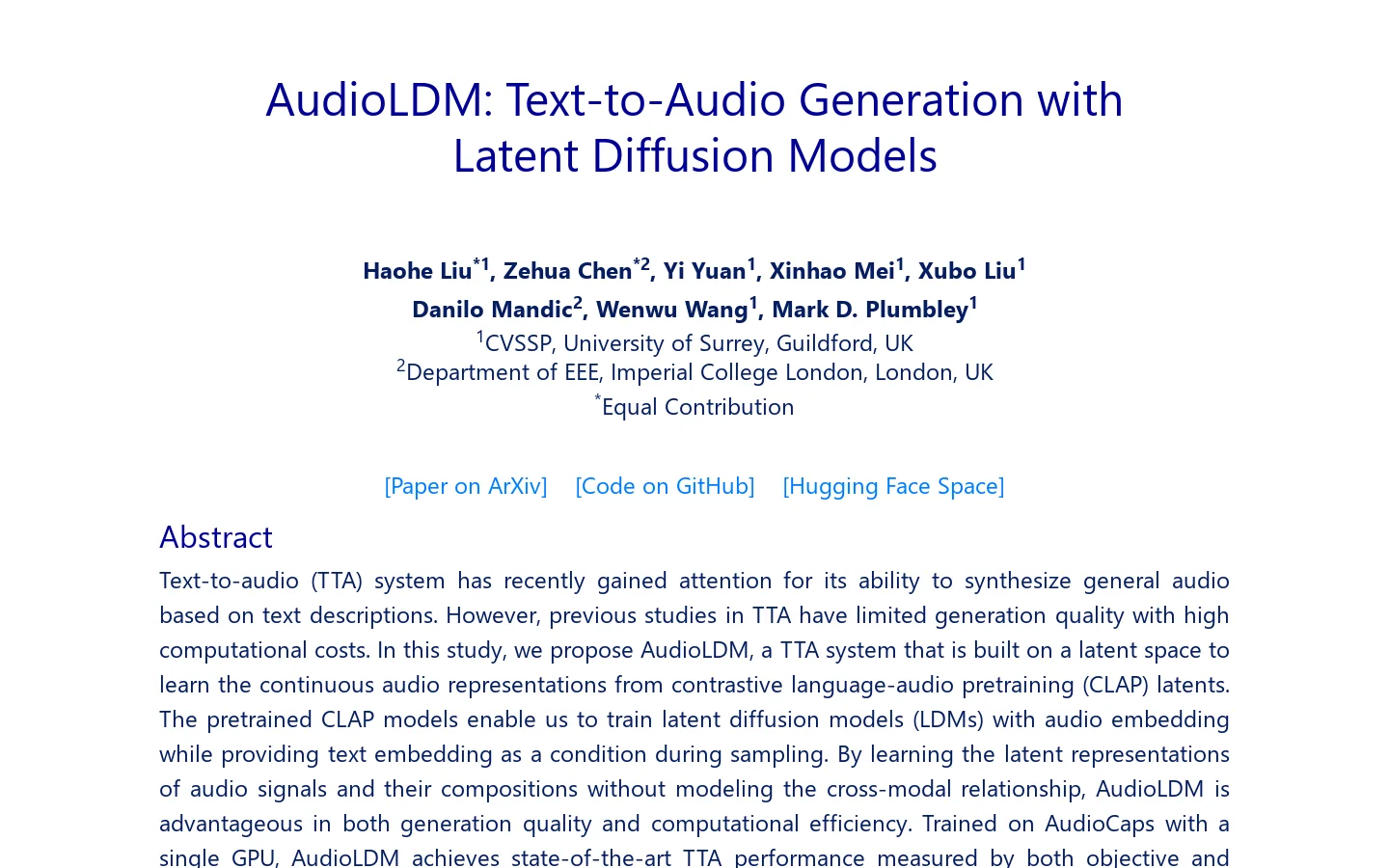 AudioLDM Homepage screenshot
