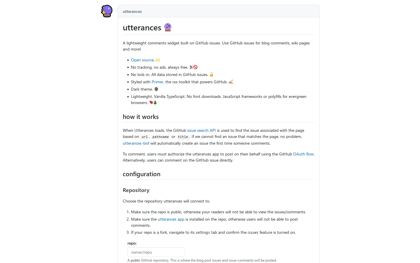 utterances Homepage screenshot