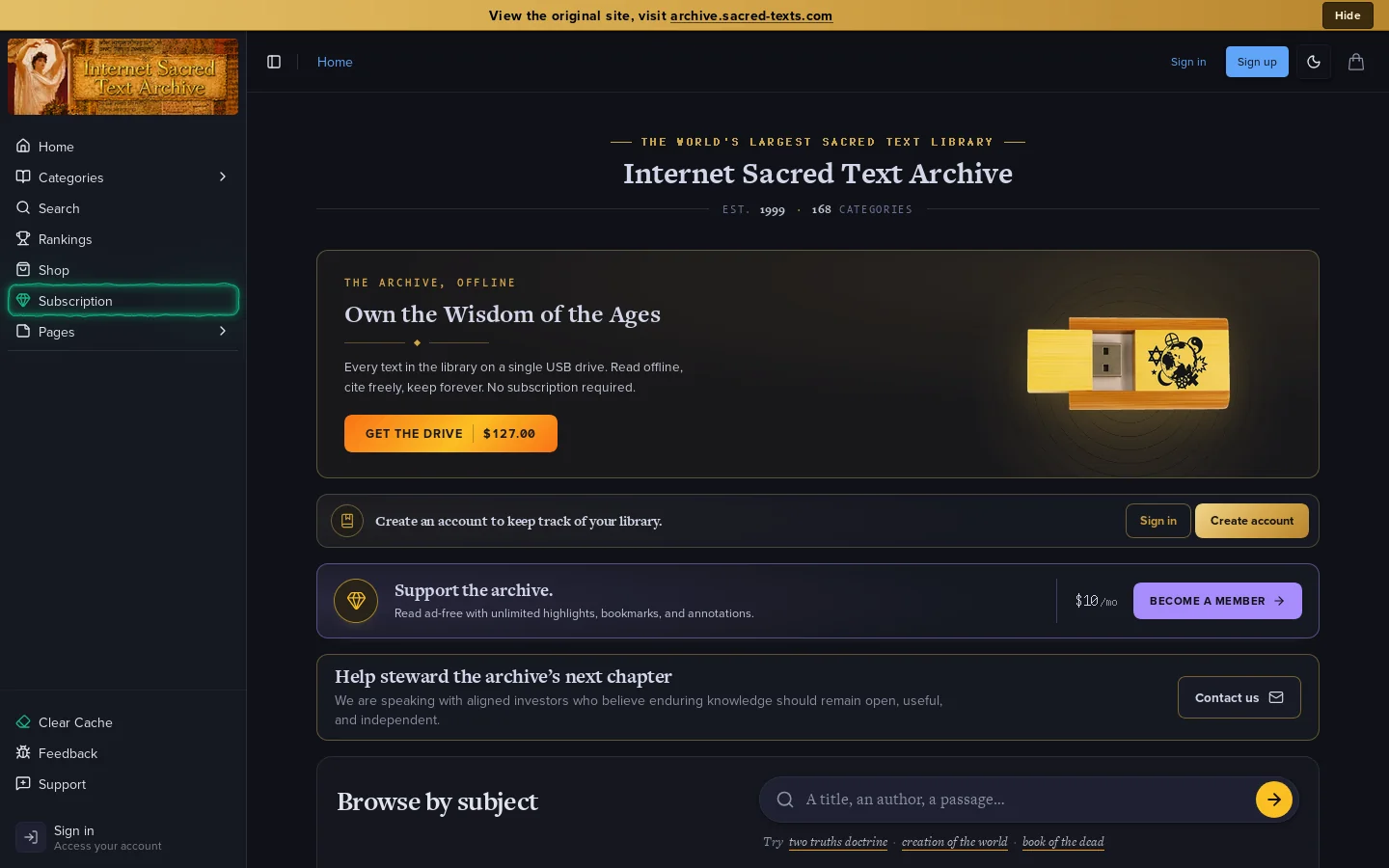 Internet Sacred Text Archive Homepage screenshot