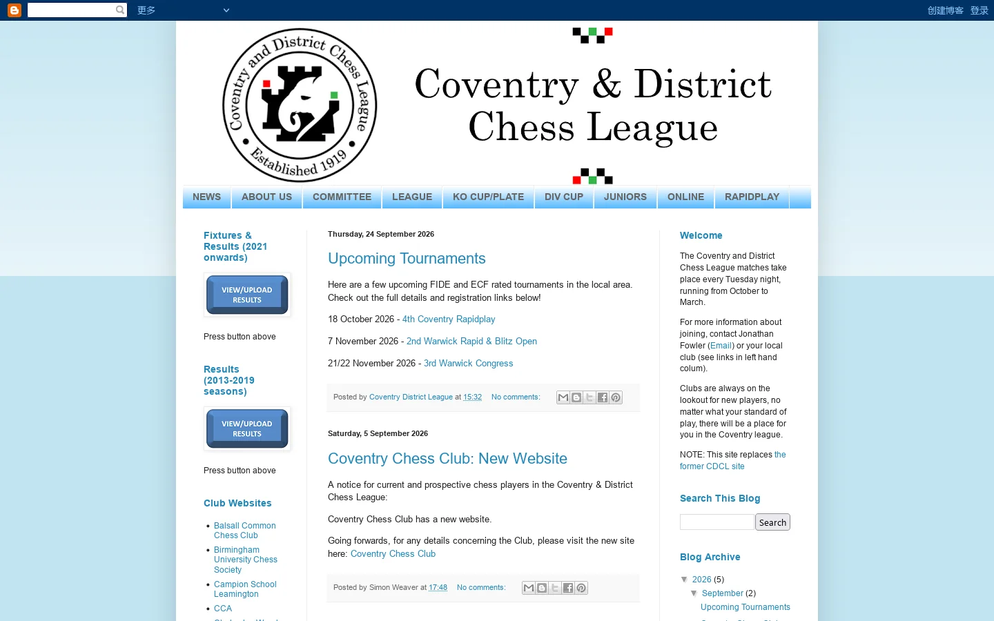 Coventry and District Chess League Homepage screenshot