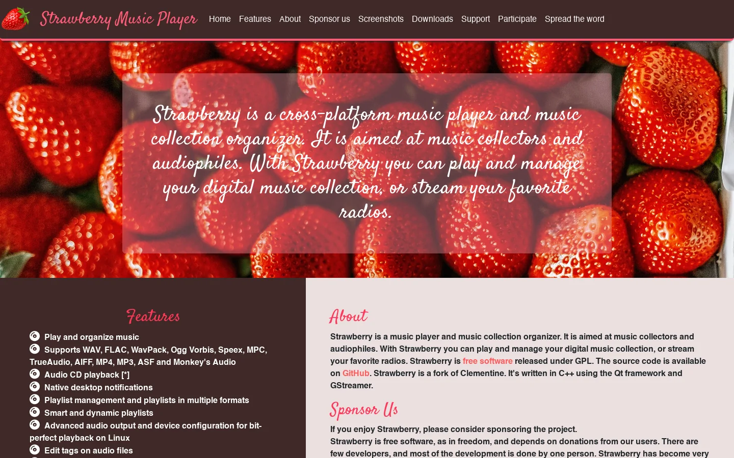 Strawberry Music Player Homepage screenshot