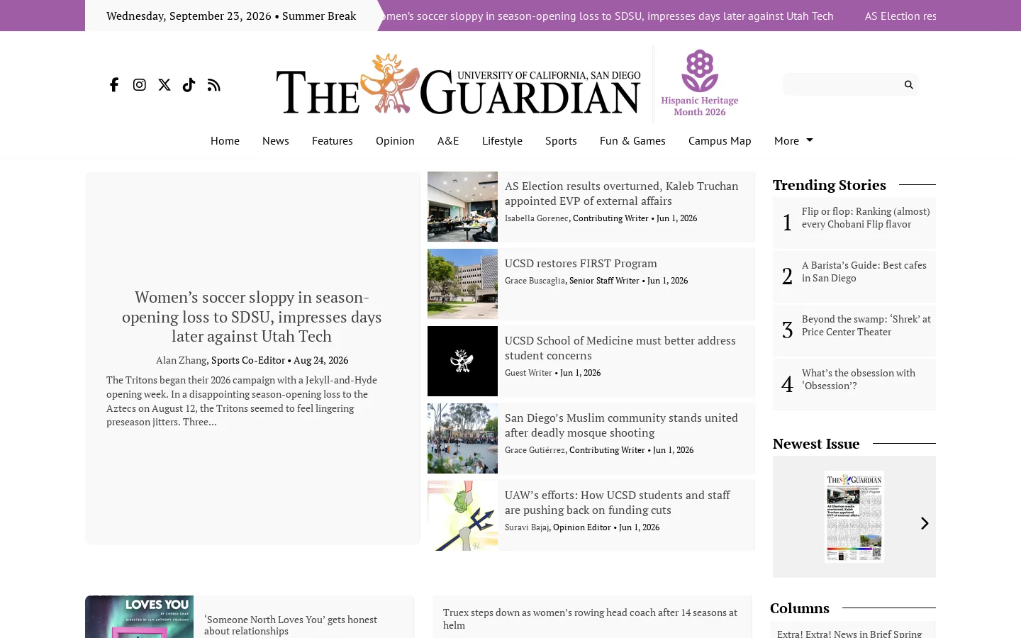 The UCSD Guardian – UC San Diego's independent student newspaper since 1967 Homepage screenshot