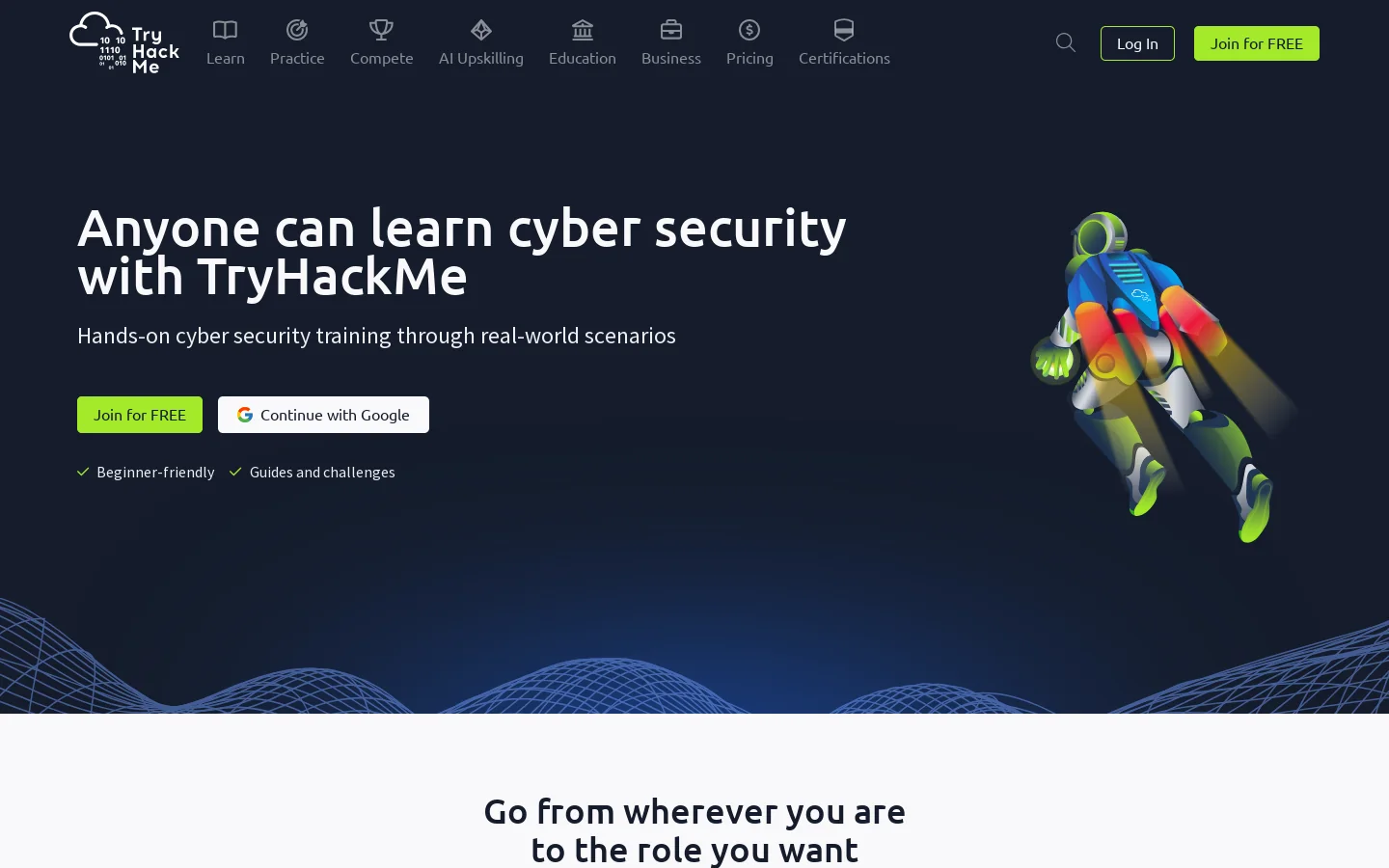 TryHackMe Cyber Training Homepage screenshot