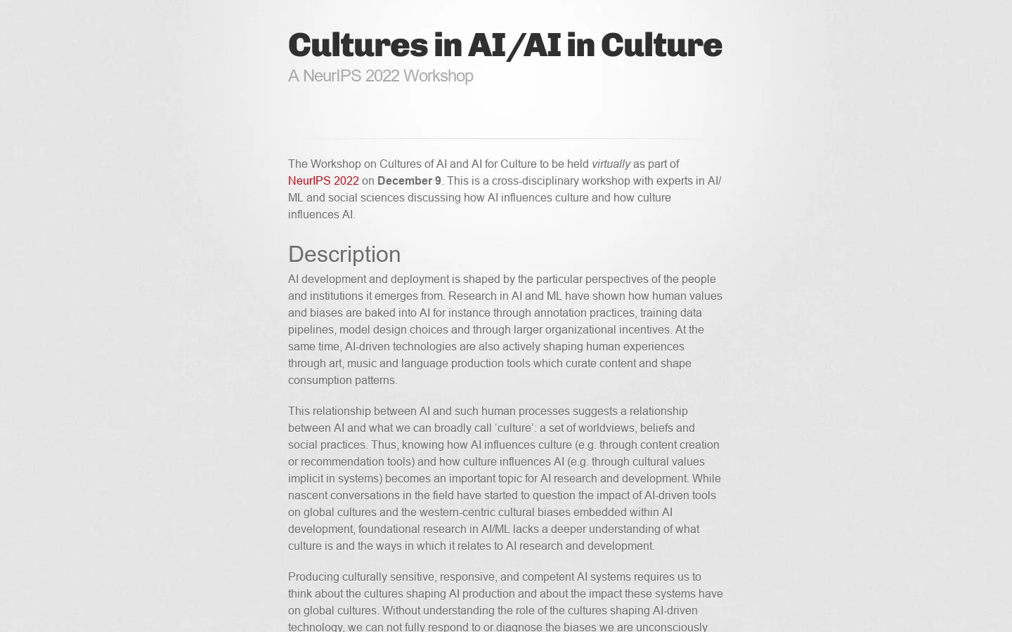 Cultures in AI/AI in Culture | A NeurIPS 2022 Workshop Homepage screenshot