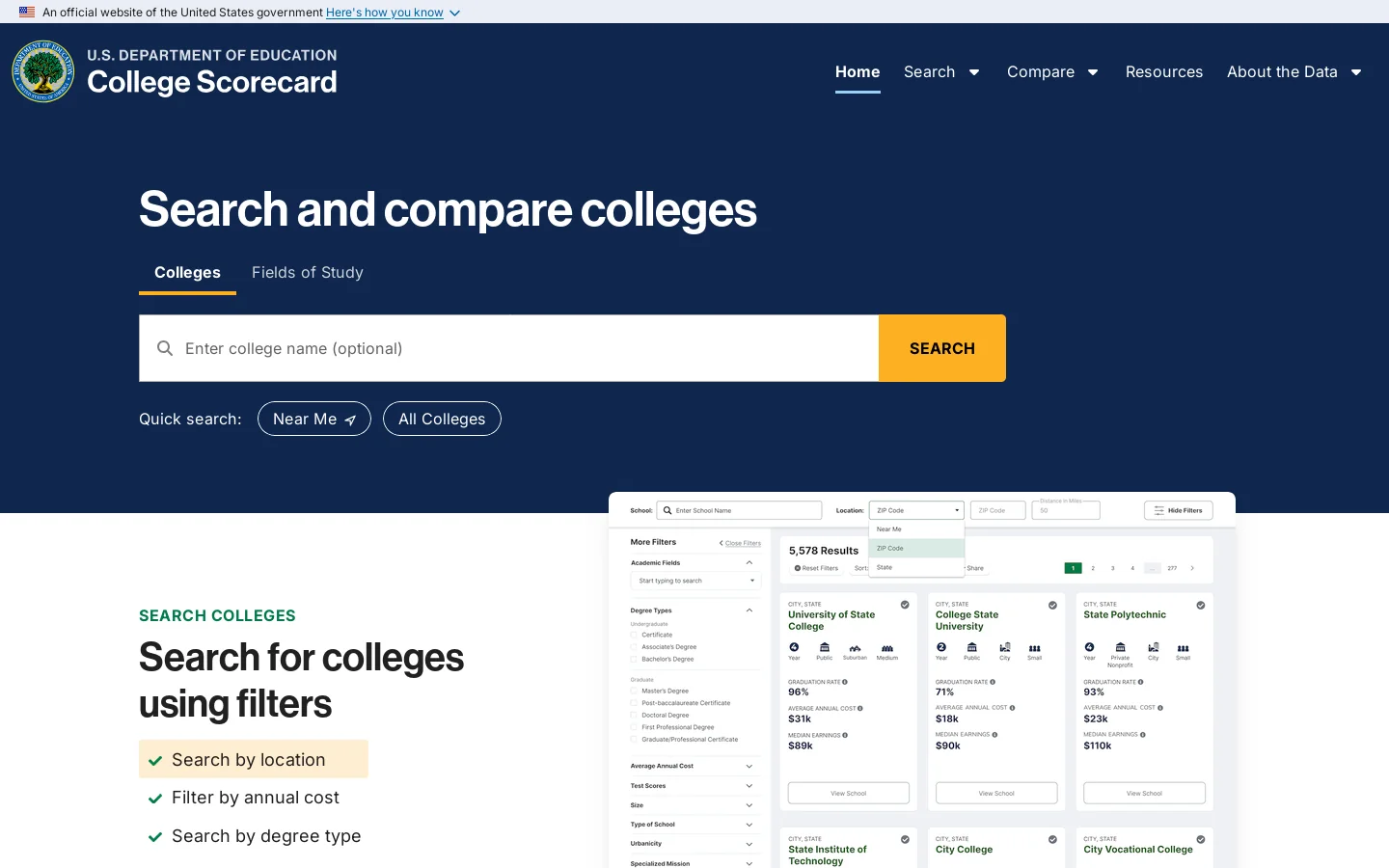 College Scorecard Homepage screenshot