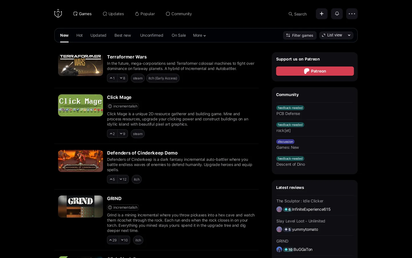 Incremental games database Homepage screenshot