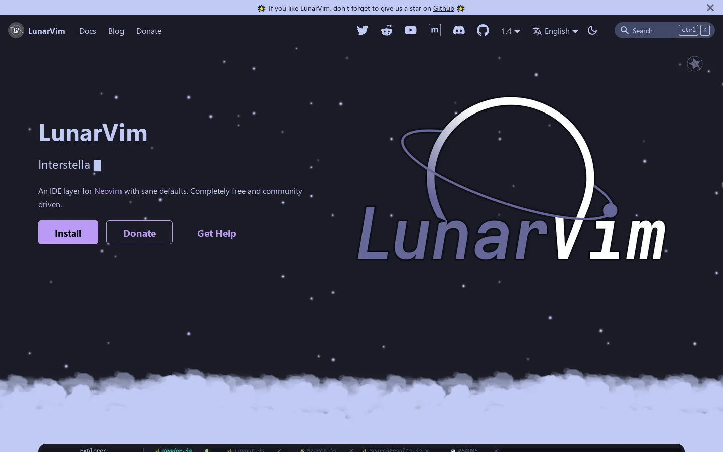 LunarVim Homepage screenshot