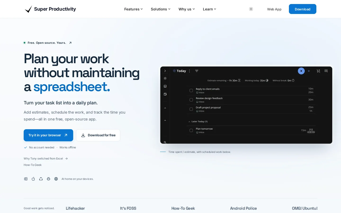 Super Productivity Homepage screenshot
