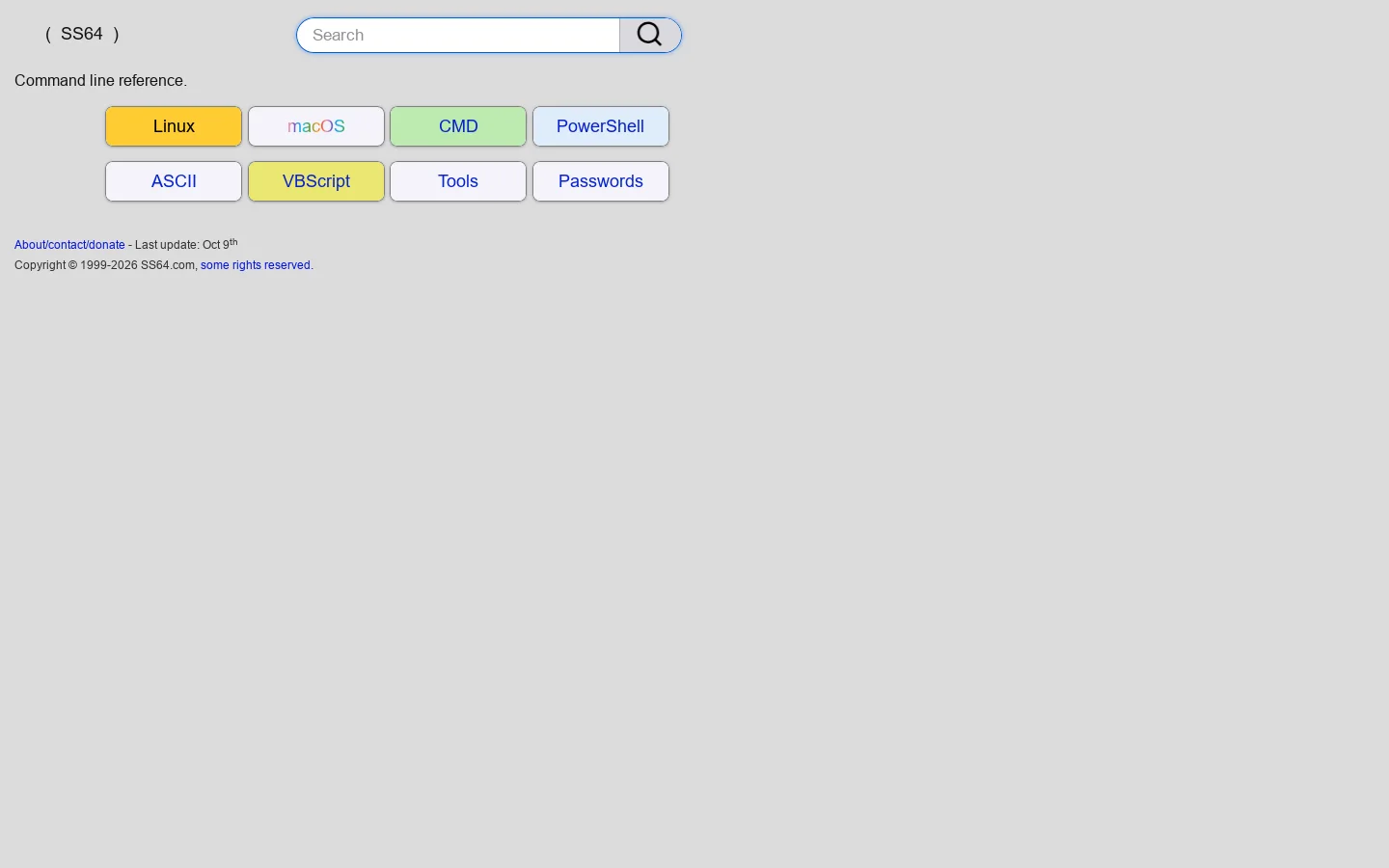 SS64 Command line reference Homepage screenshot