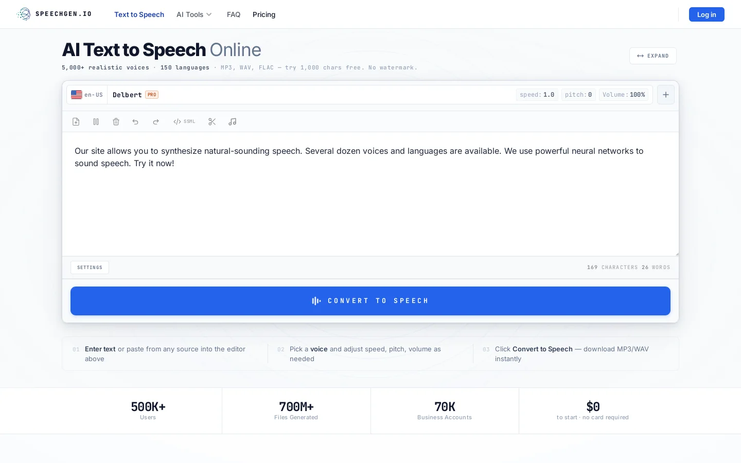 Realistic Text to Speech converter & AI Voice generator Homepage screenshot