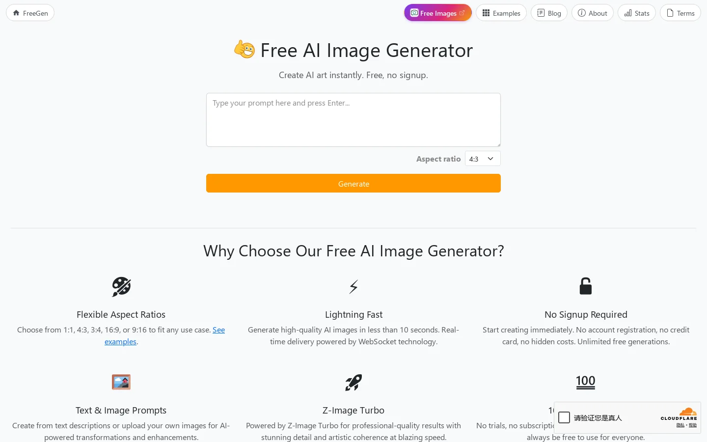 Free AI Image Generator - No Signup, No Limits Homepage screenshot
