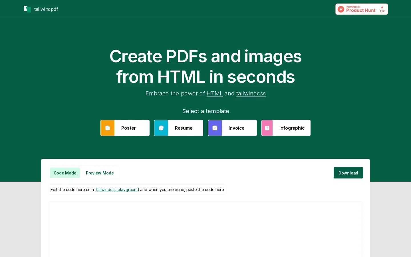 Convert HTML to PDF or Image Seamlessly with Our TailwindCSS Tool Homepage screenshot