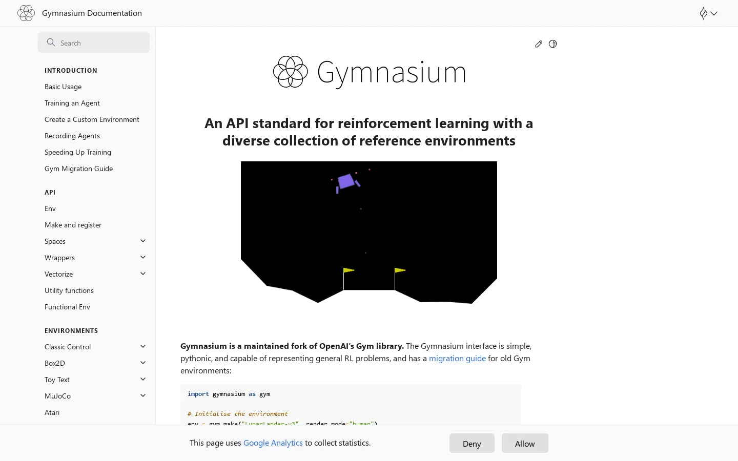 Gymnasium Documentation Homepage screenshot