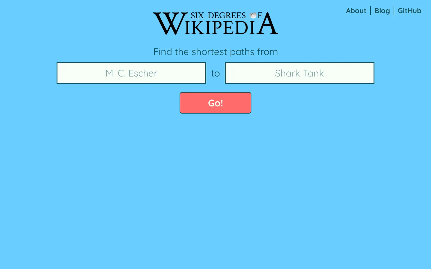 Six Degrees of Wikipedia Homepage screenshot