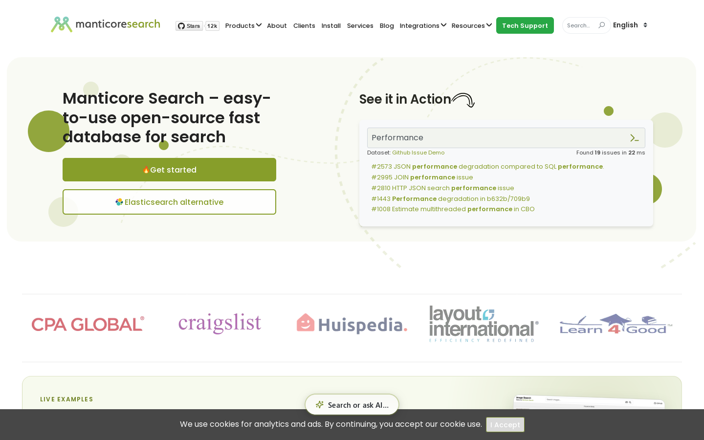 Manticore Search Homepage screenshot