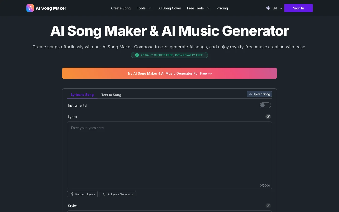 AI Song Maker Homepage screenshot