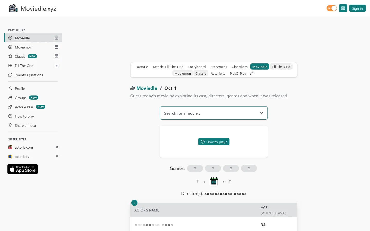 Moviedle Homepage screenshot