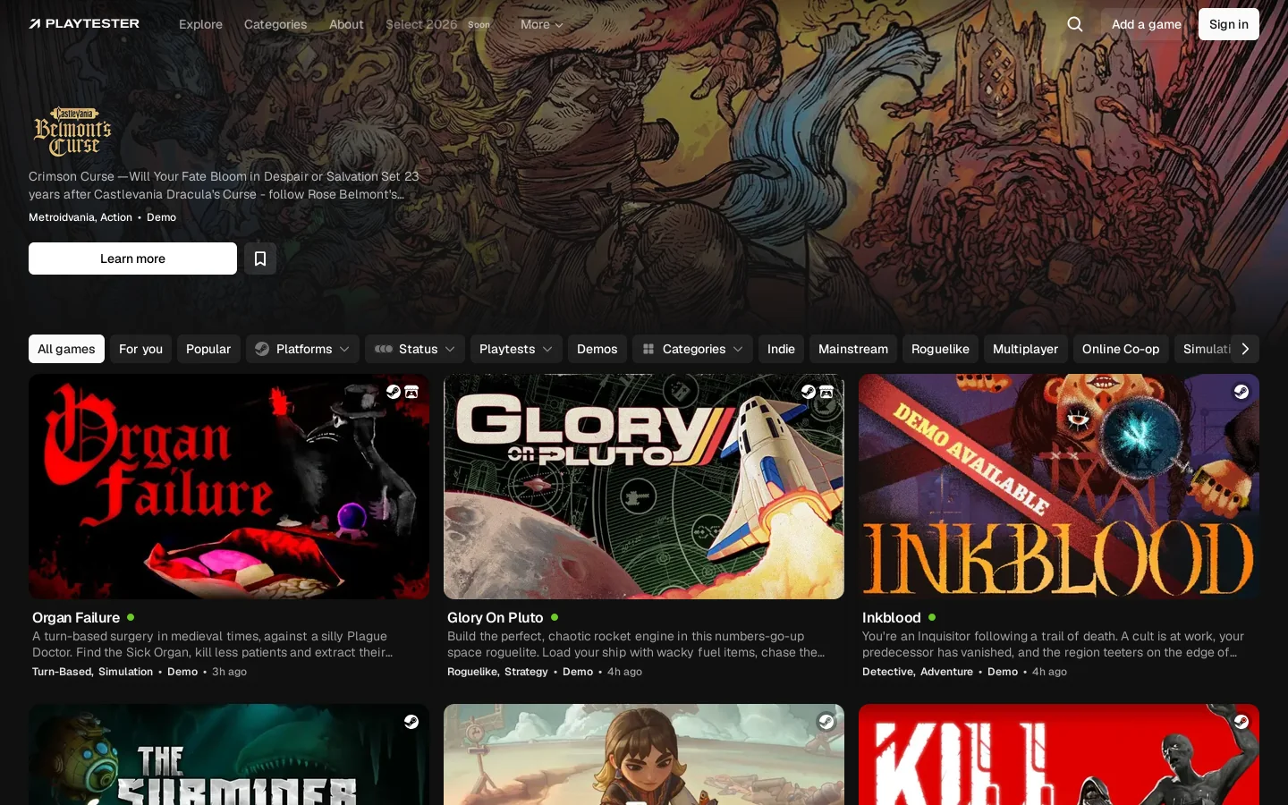 Playtester Homepage screenshot