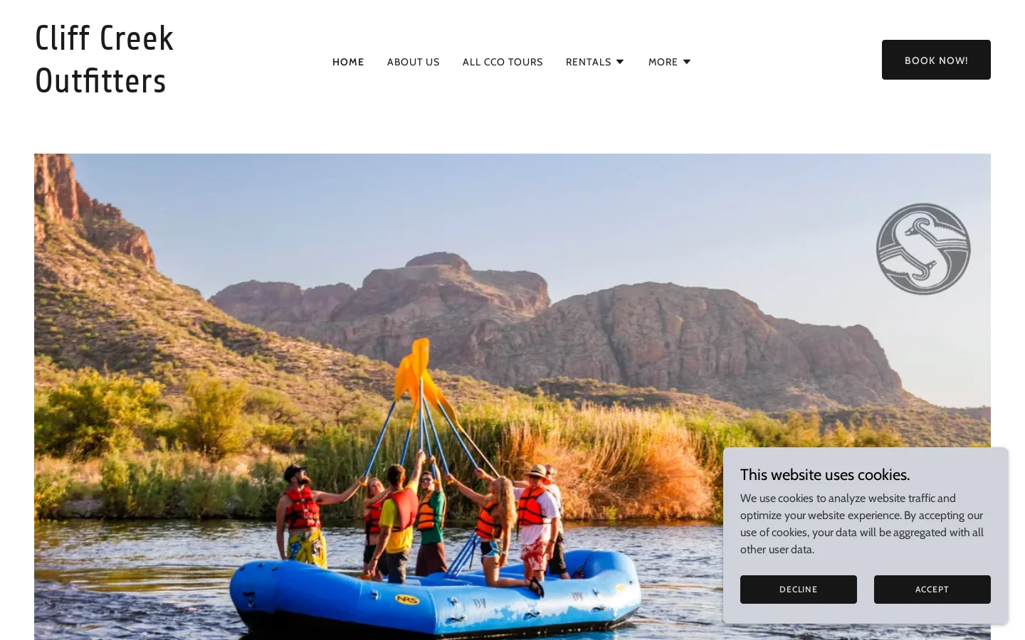 Premier Outdoor Tours & Rentals Explore Kayaking, Rafting, Hiking & Cycling Tours or Rent Bikes, Camp & Paddle Gear with Cliff Creek Outfitters Homepage screenshot