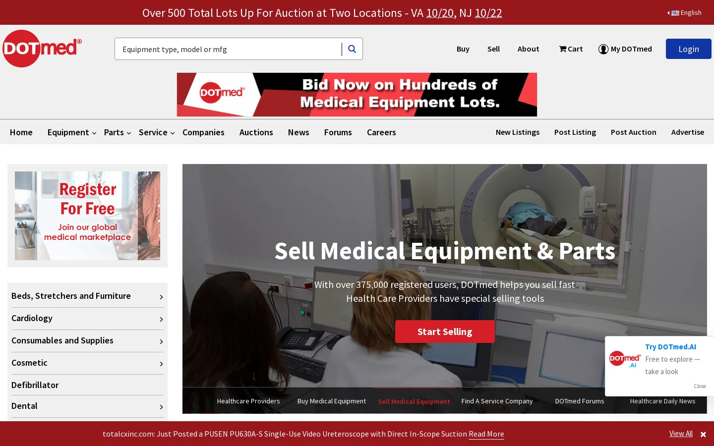 New and Used Medical Equipment, Hospital Equipment, Medical Instrument Auctions, For Sale, and Wanted Homepage screenshot