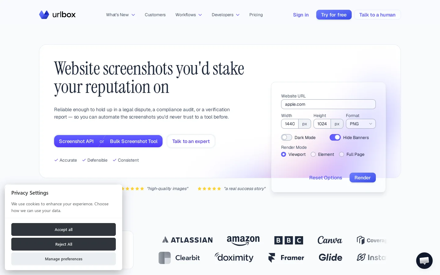 Urlbox Homepage screenshot