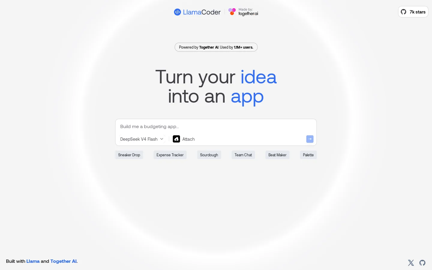 Llama Coder Homepage screenshot