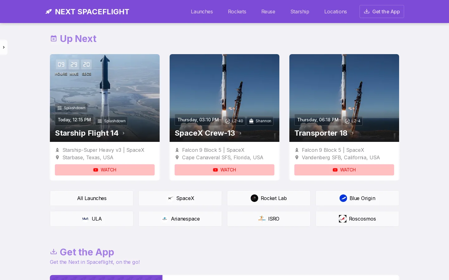 Next Spaceflight Homepage screenshot