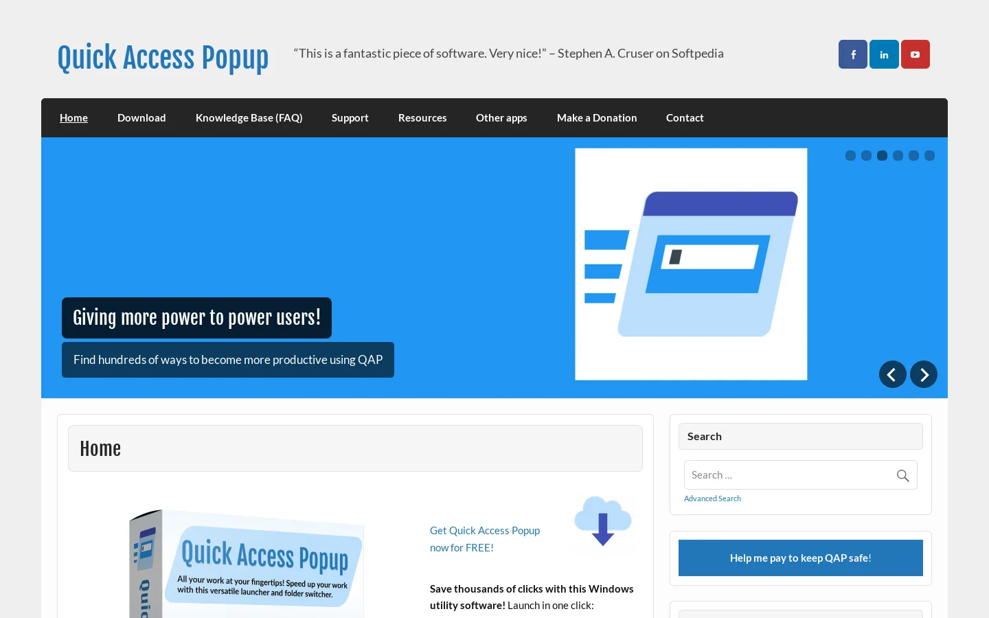 Quick Access Popup Homepage screenshot