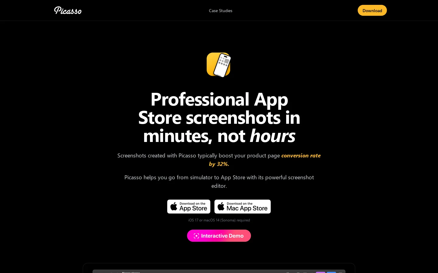 Picasso — Professional App Store Screenshots in Minutes Homepage screenshot