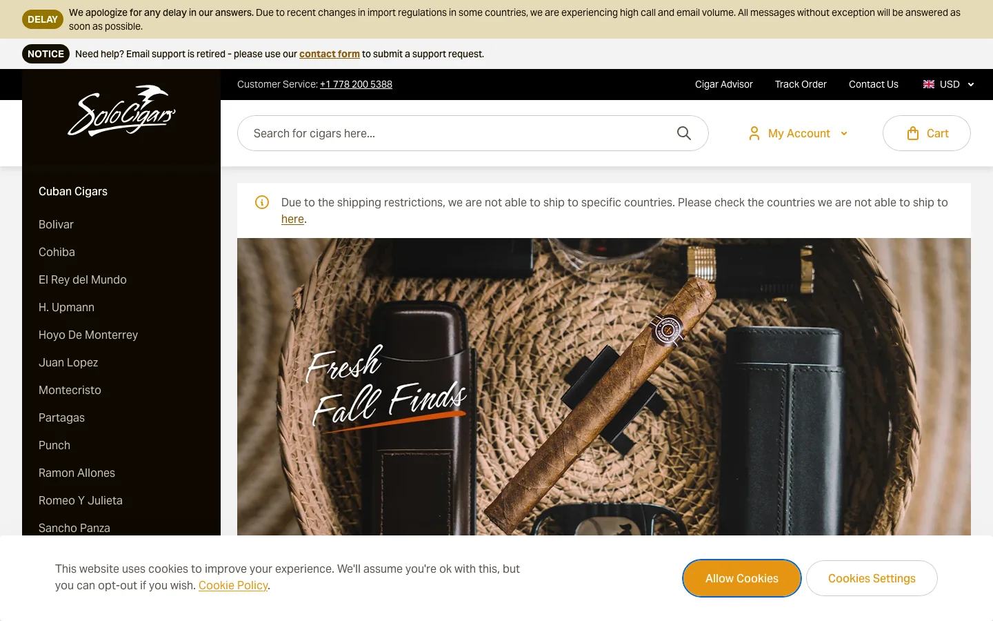 Buy Cuban Cigars Online at SoloCigars Homepage screenshot