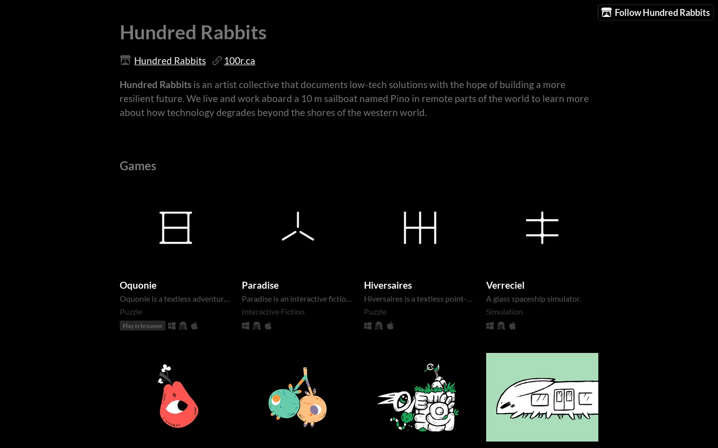 Hundred Rabbits Homepage screenshot