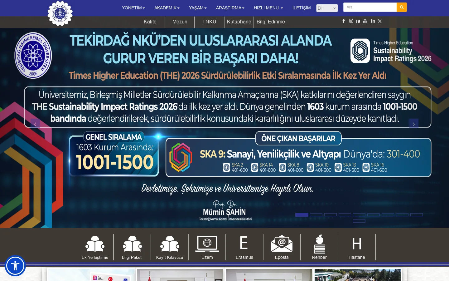 Tekirdağ Namık Kemal Üniversitesi Homepage screenshot