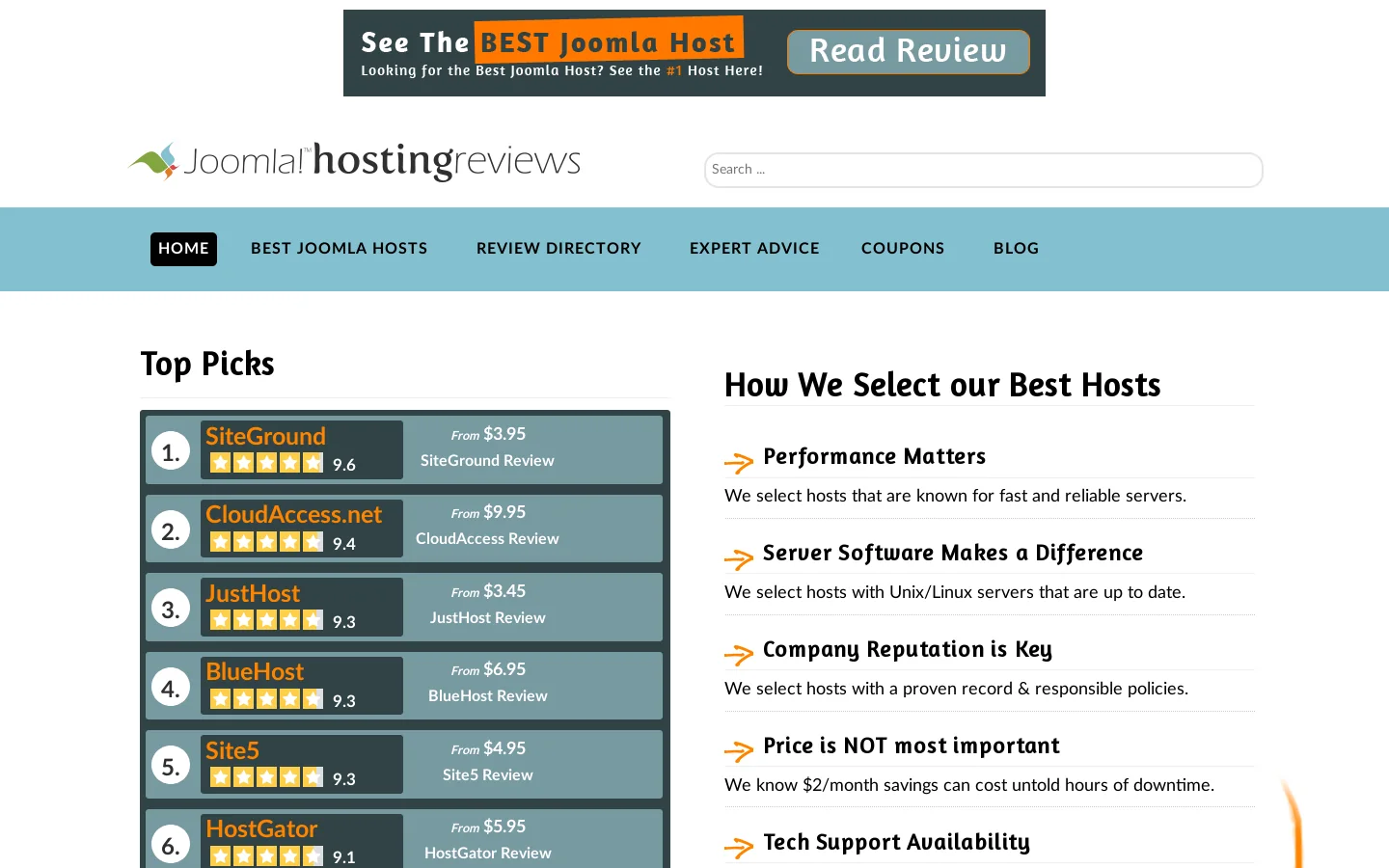 Joomla Hosting Reviews 2016 Homepage screenshot