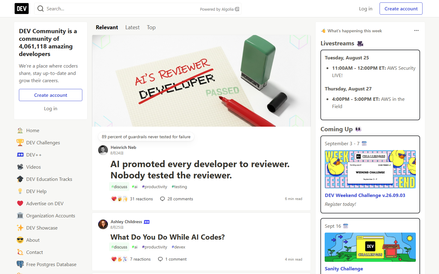 DEV Community Homepage screenshot