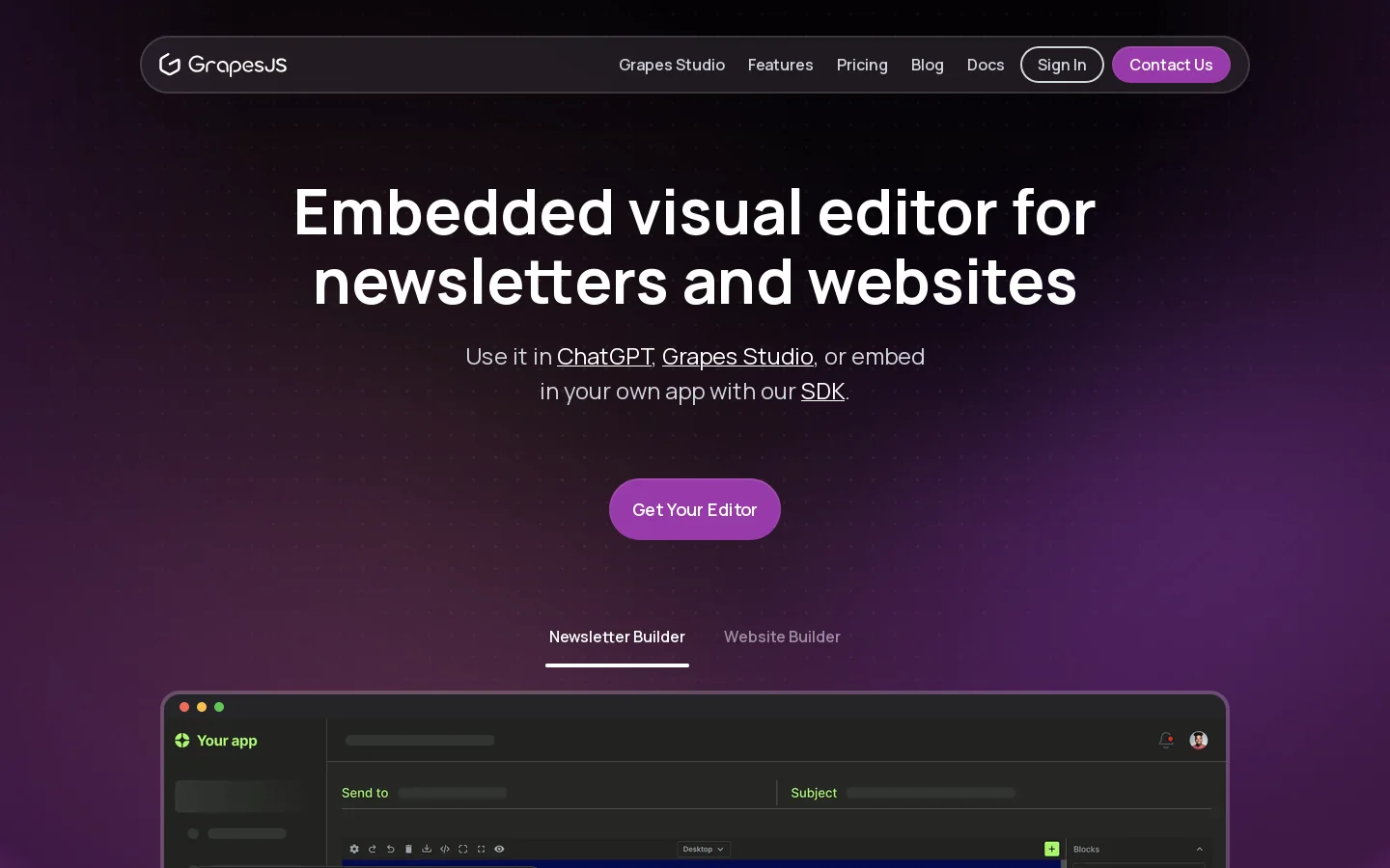 GrapesJS Studio SDK Homepage screenshot