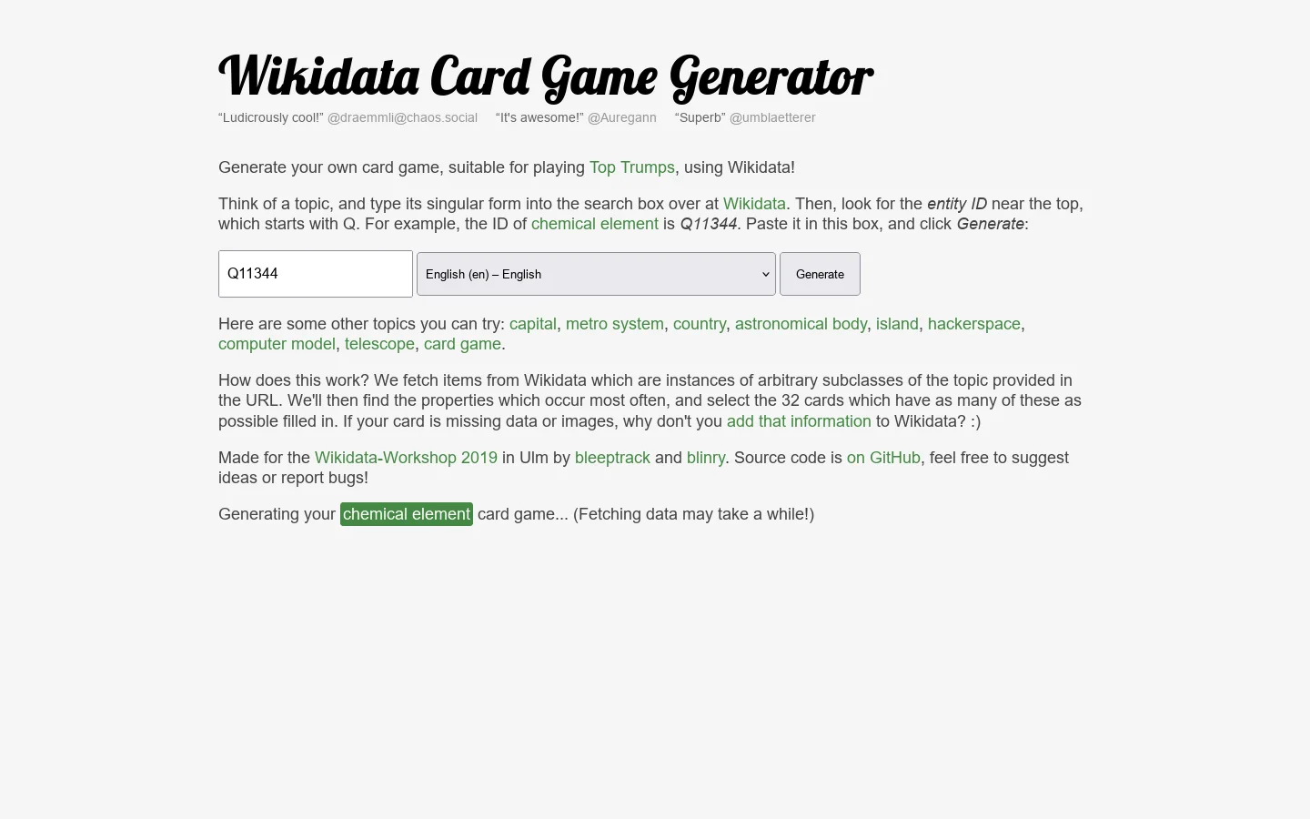Wikidata Card Game Generator Homepage screenshot