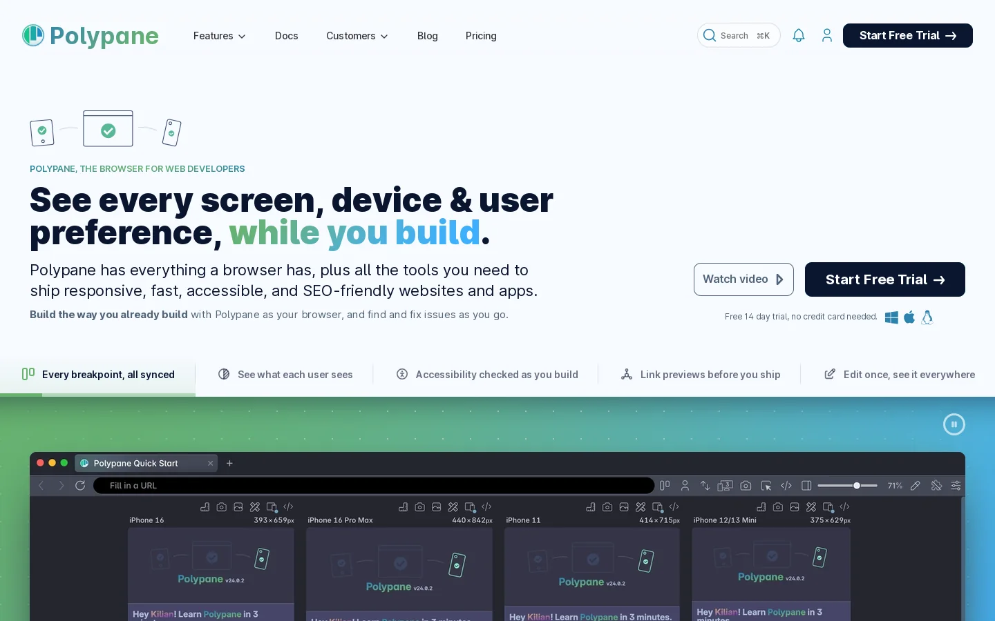 Polypane. The browser for web developers who care Homepage screenshot