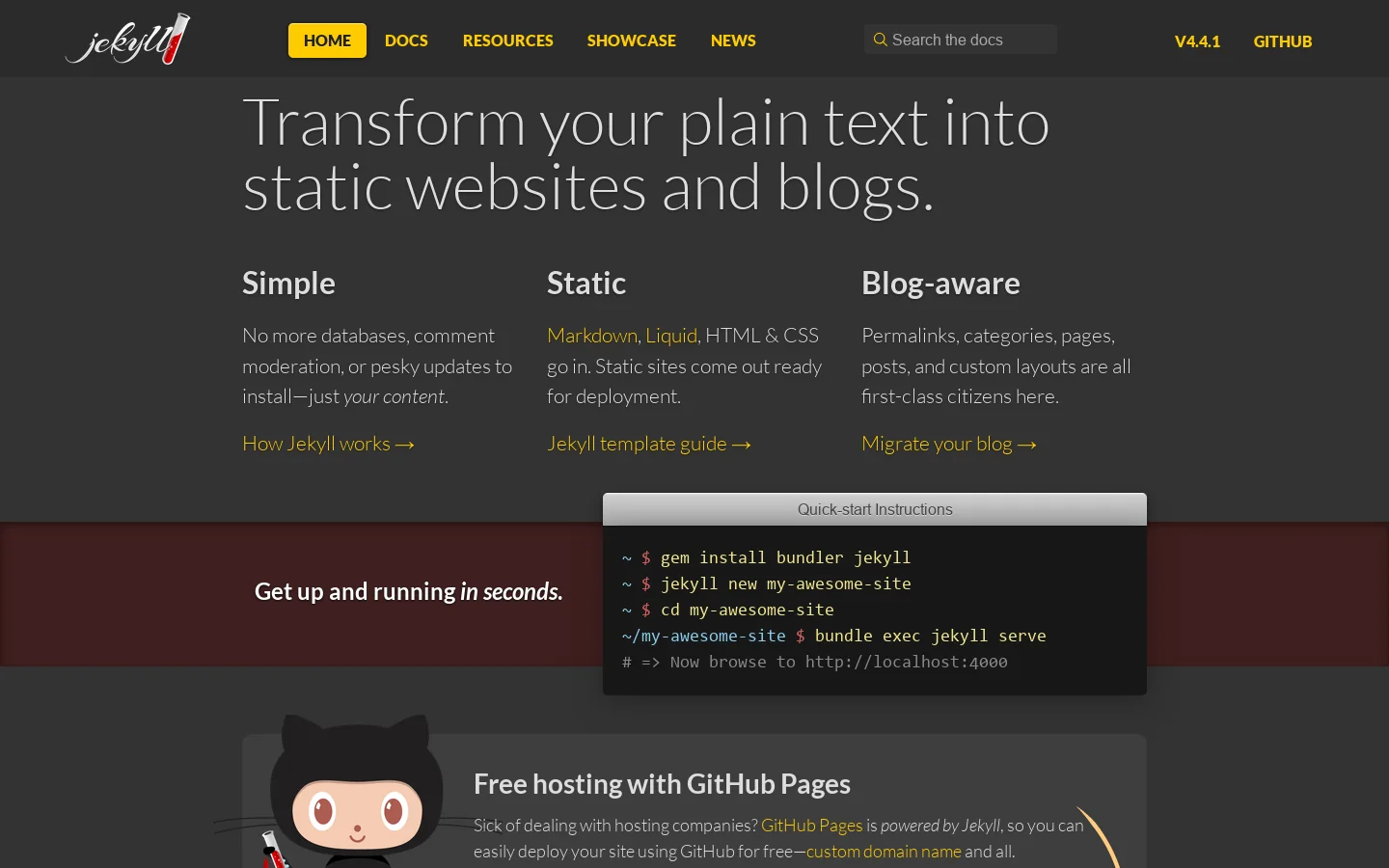 Jekyll • Simple, blog-aware, static sites | Transform your plain text into static websites and blogs Homepage screenshot