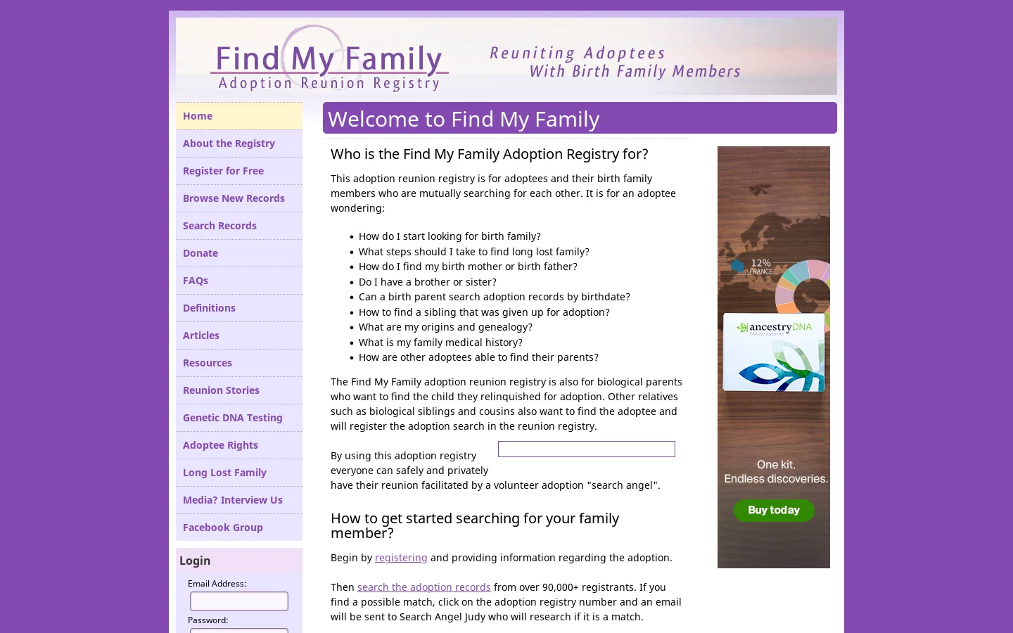 Find My Family Adoption Search and Reunion Registry Homepage screenshot