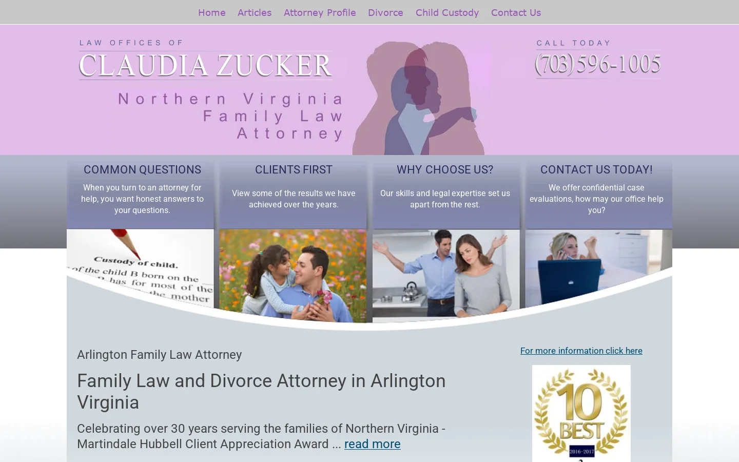 Family Law Attorney Arlington Virginia | Divorce and Child Custody| Claudia Zucker Attorney at Law Homepage screenshot