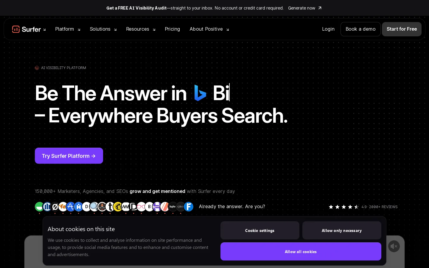 Positive Surfer - AI Visibility Platform for maximum organic growth Homepage screenshot