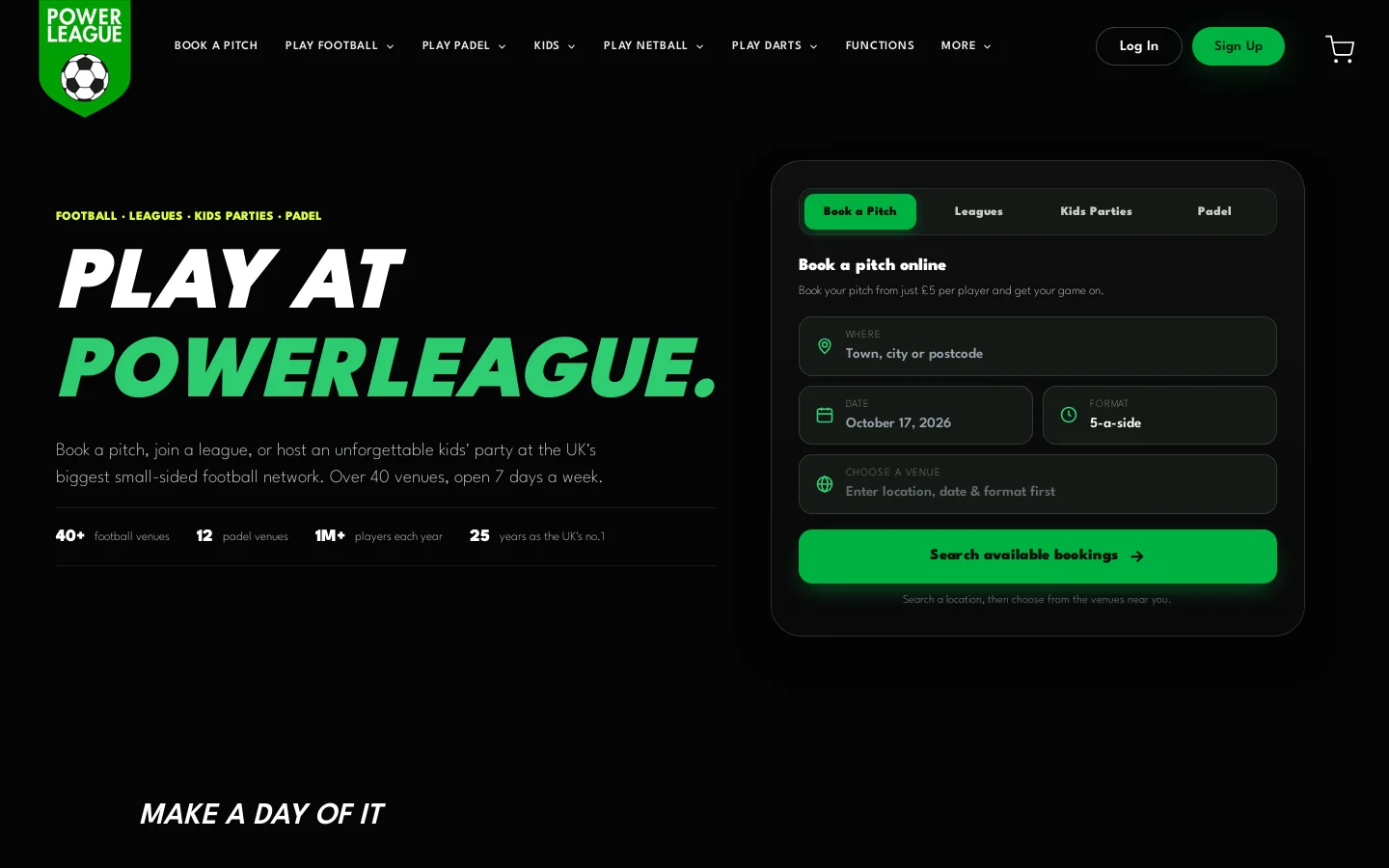 Powerleague Homepage screenshot