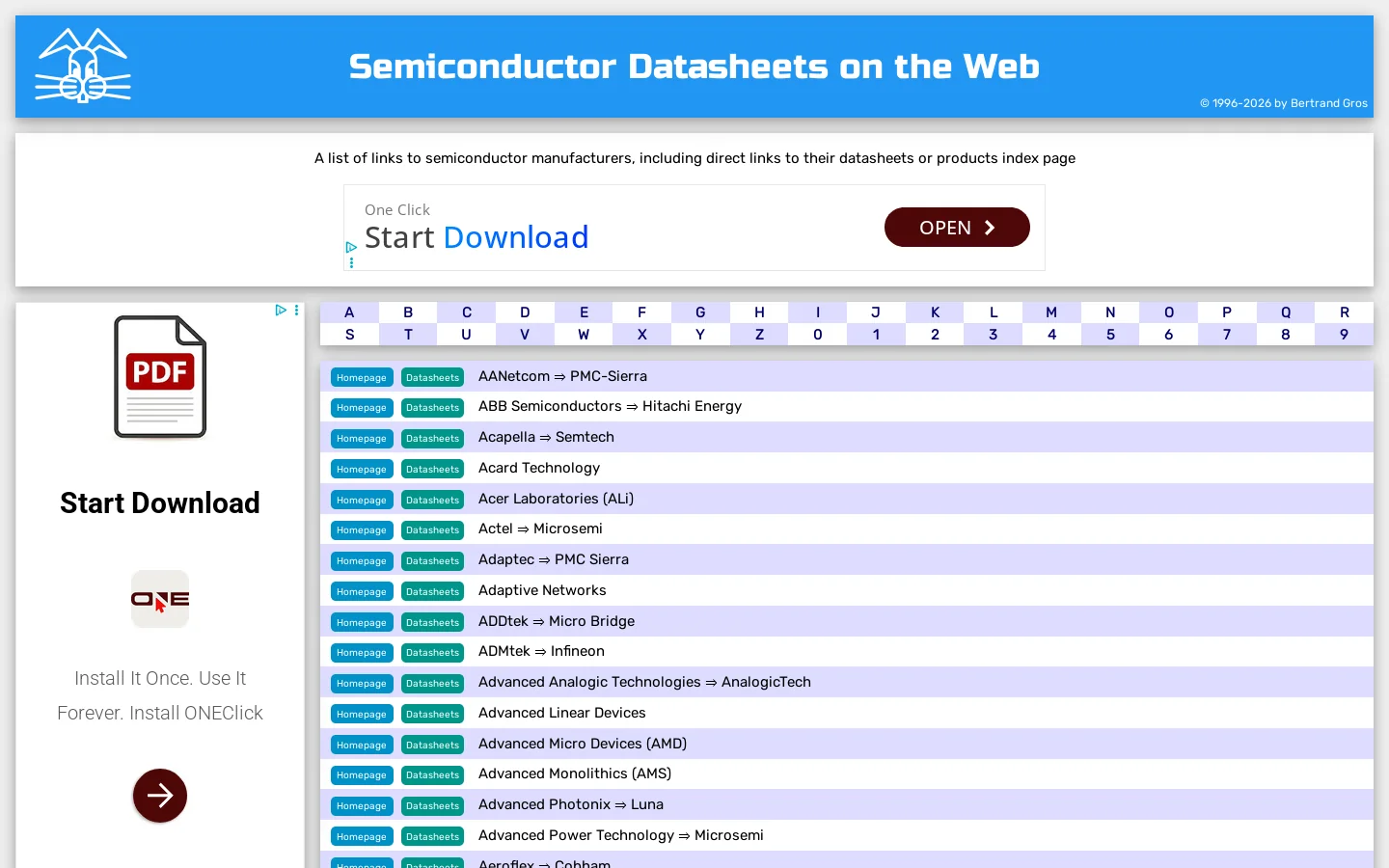 Semiconductor Datasheets on the Web - 'A' page Homepage screenshot