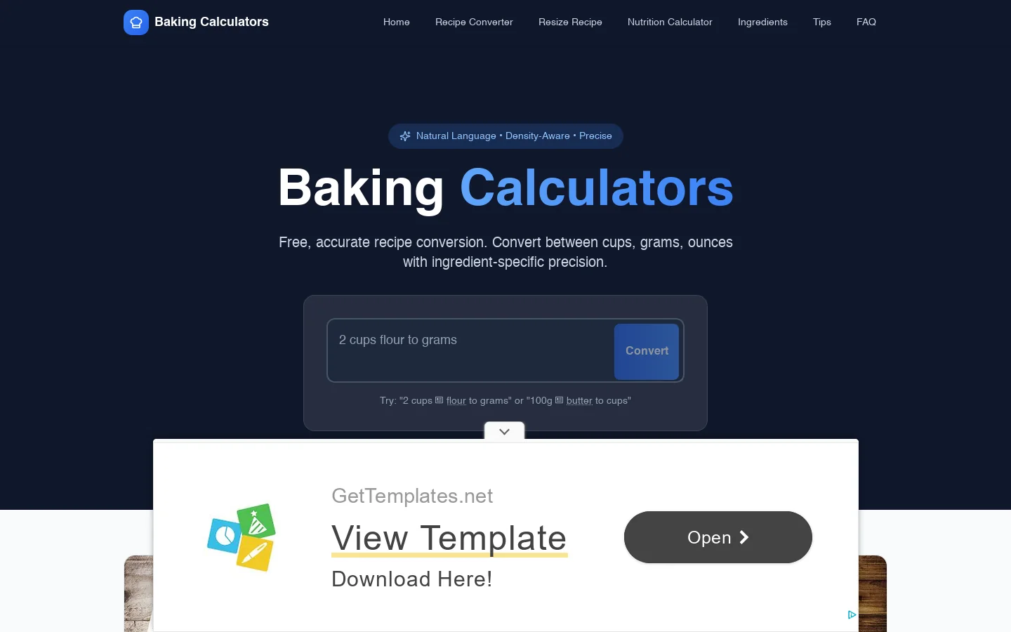 Baking Calculators Homepage screenshot