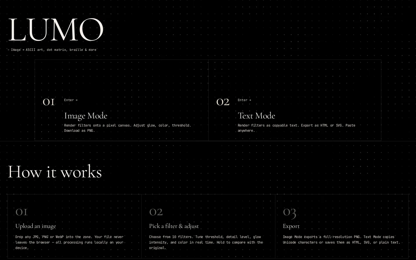 Lumo — Image to ASCII Art Homepage screenshot