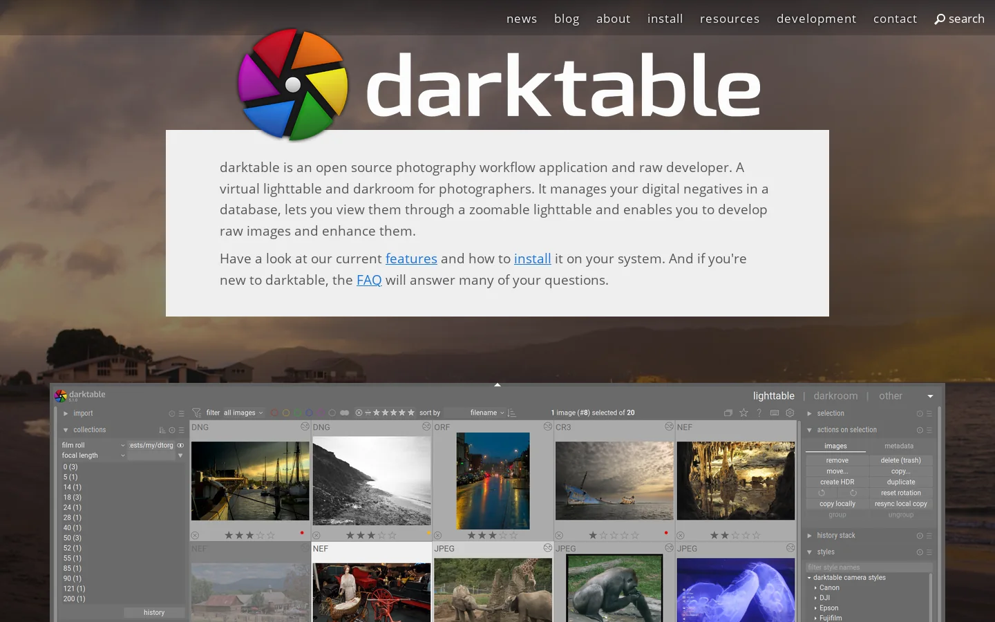 darktable Homepage screenshot