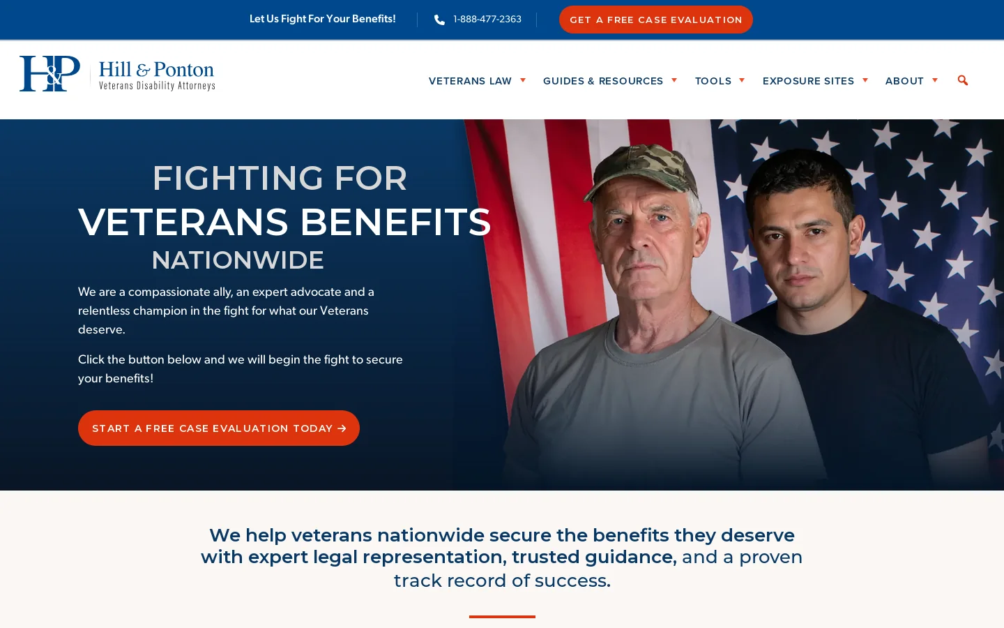 Nationwide Veterans Disability Lawyers | Hill & Ponton Homepage screenshot