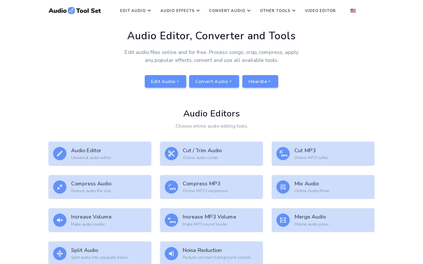 Audio Editor, Converter and Tools - Online & Free Homepage screenshot